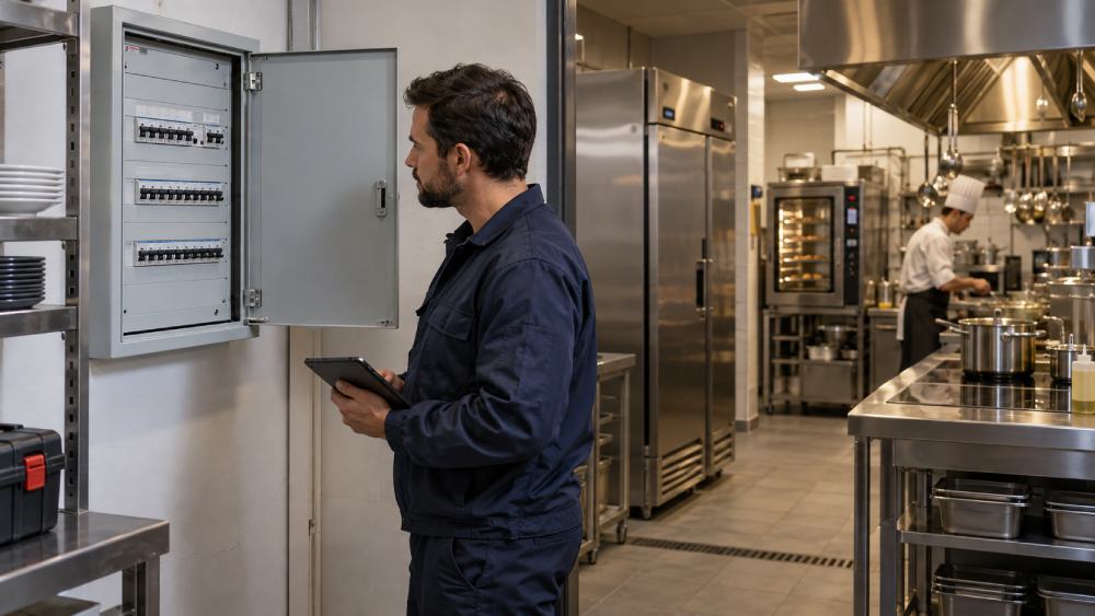 Técnico revisando el cuadro eléctrico de un restaurante con la cocina profesional en funcionamiento al fondo.